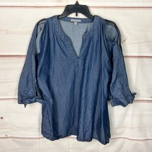 Jessica London Top Womens 14W Blue Chambray Blouse Cold Shoulder V-Neck Pullover